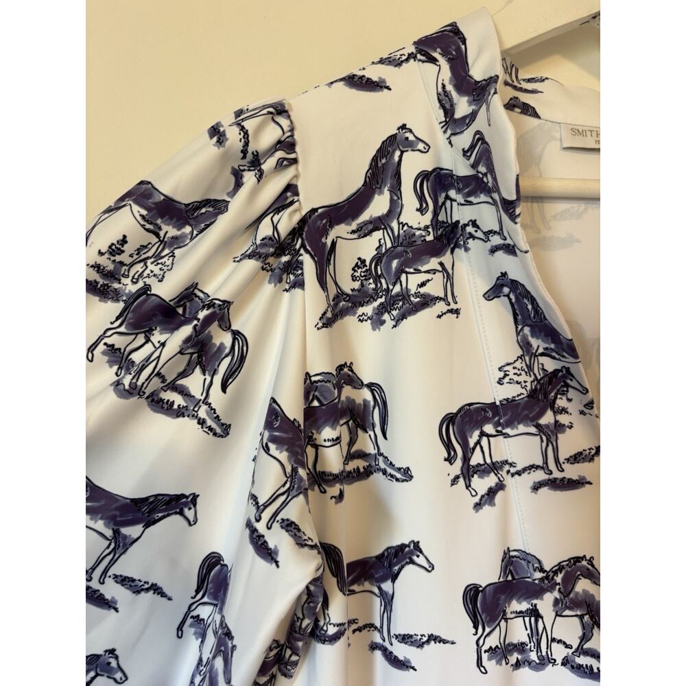 Smith & Quinn Dress Medium Mini Aline Puff Sleeve Horse
Print White Blue Stretch - Picture 9 of 12